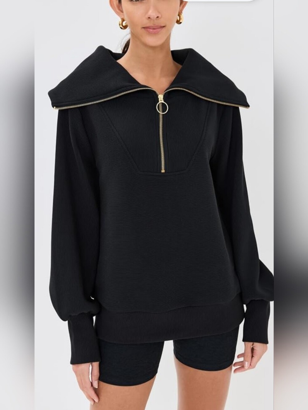 VARLEY Black Zip-Front Oversized Collar Pullover,Size L